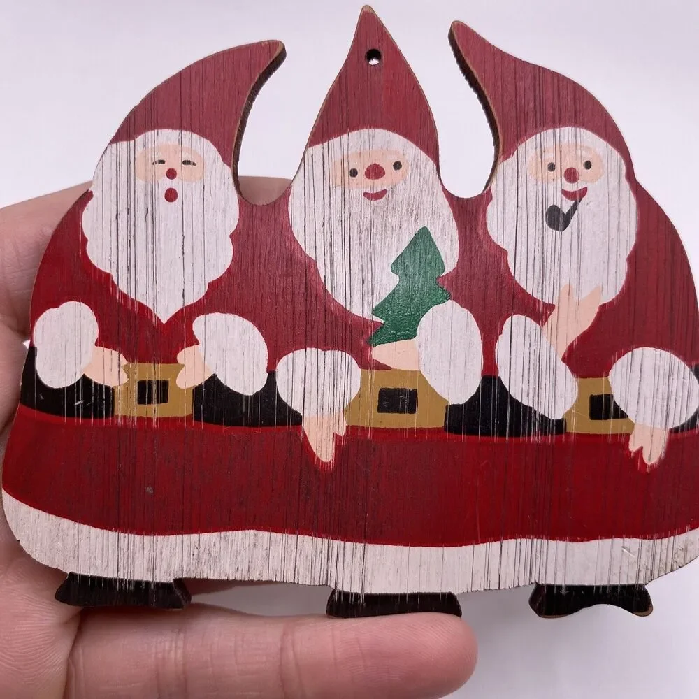 Hallmark 3 Santa Claus Wood Christmas Tree Ornament Handpainted 1986 Vintage